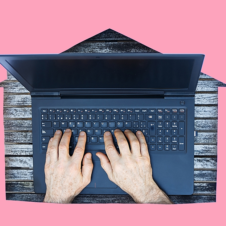 Photo of a person's hands typing on an open laptop. The image is inside a frame shaped like a house. This image accompanies a story about the pros and cons of computer-aided design. 